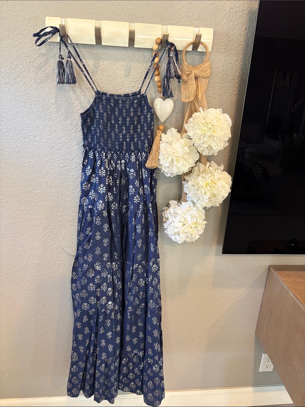 Navy Floral  silver metallic color flowers Smocked Maxi Dress - Women